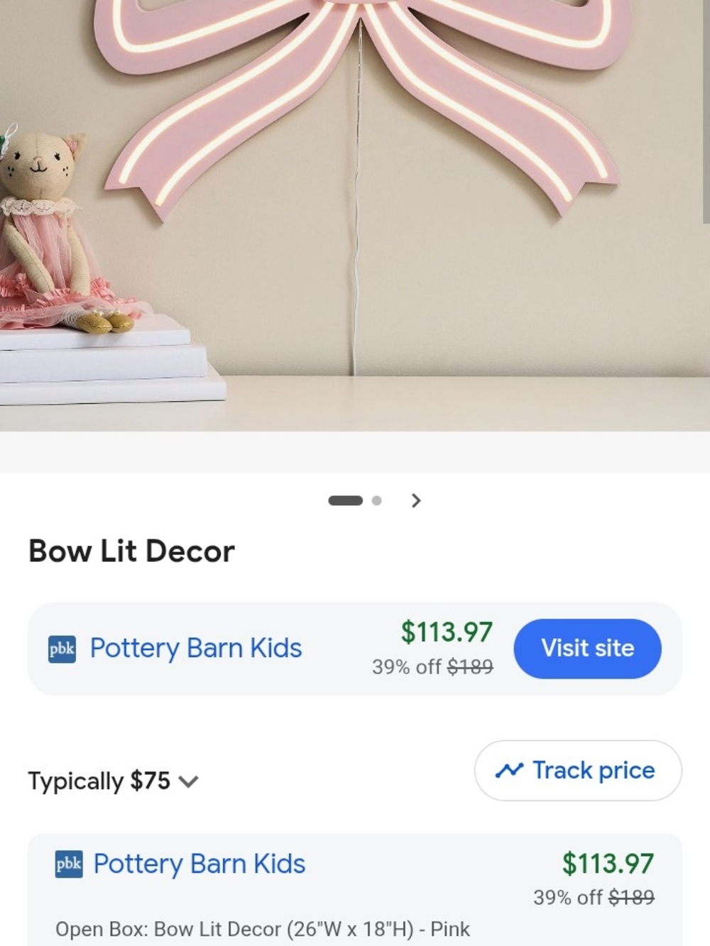 Pottery Barn Kids Pink Bow Lit Wall Decor